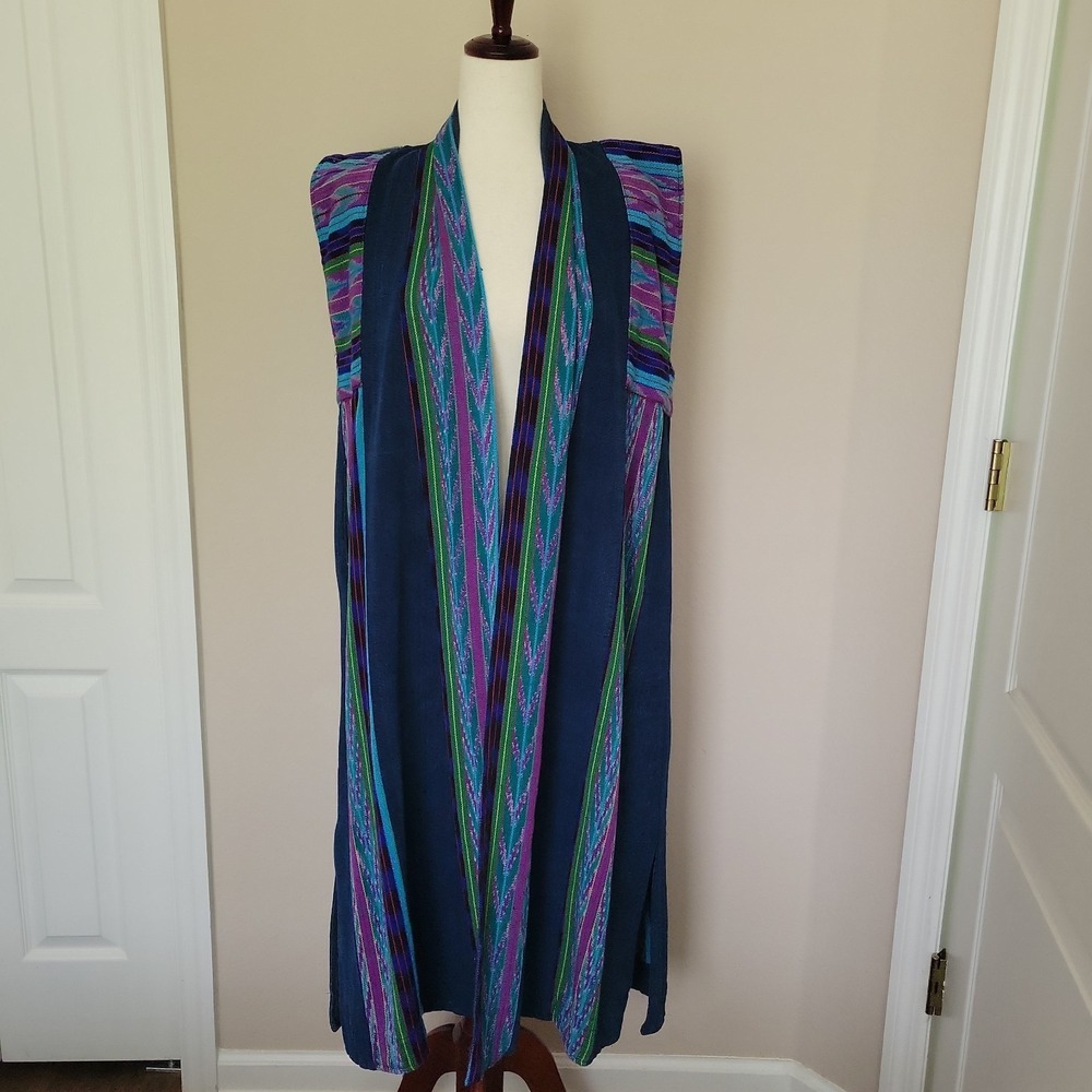 Katz Womens Long Denim Duster Vest Size M L Hippie Boho Colorful Guatemalan
